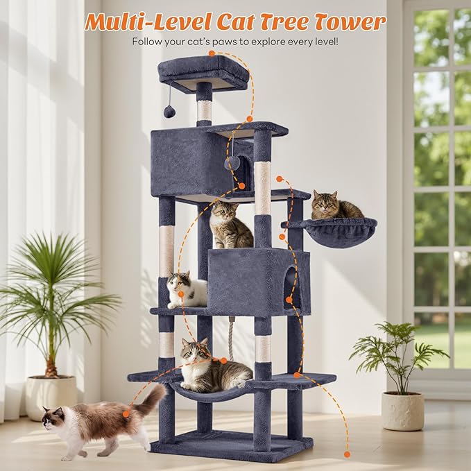 Sweetcrispy 66 inch Cat Tree Tower, Large Multi Level Cat Climbing Tower with Condo, Natural Sisal Scratching Posts, Extended Platform, Hammock, Pet House for Indoor Cats and Kittens Play, Dark Grey