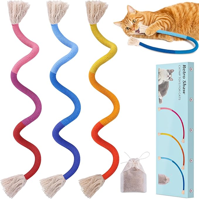 Retro Shaw Cat Chew Toys, 3-Pack Durable Rope Toys with Refillable Organic Catnip, Safe Dental Cleaning Interactive Toy for Indoor Cats & Kittens, 23.6 Inches