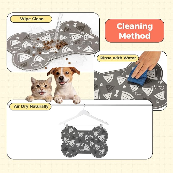 Dog Food Mat, 0.15” Thickened Super Absorbent Pet Feeding Mat for Food and Water, Fruit Donut Pattern Cat Placemat, Quick Dry Non-Slip Dog Bowl Mat, Water Splash Proof（Large Watermelon Grey）