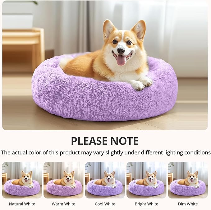 JOLLYVOGUE Calming Dog Bed Large Size Dog, Anti-Anxiety Donut Large Pet Bed, 36 inches Fluffy Faux Fur Round Cat Bed, Fits up to 75 lbs Pets (Purple)