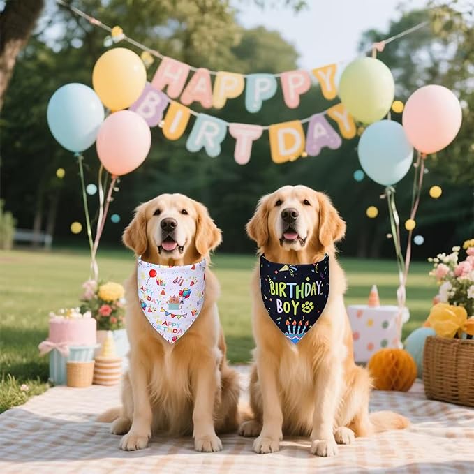 Dog Birthday Bandanas, 2-Pack Reversible 4 Patterns for Small Dogs - Black Boy & White Girl Birthday Scarf, Party Outfit Gift for Pups (9-14" Neck)
