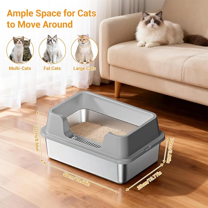 Stainless Steel Litter Box, XL Enclosed Cat Litter Boxes with Lid for Big Cats and Multi-Cats, High Sided, Anti-Urine Leakage Non-Stick Bottom Include Scoop Easy to Clean