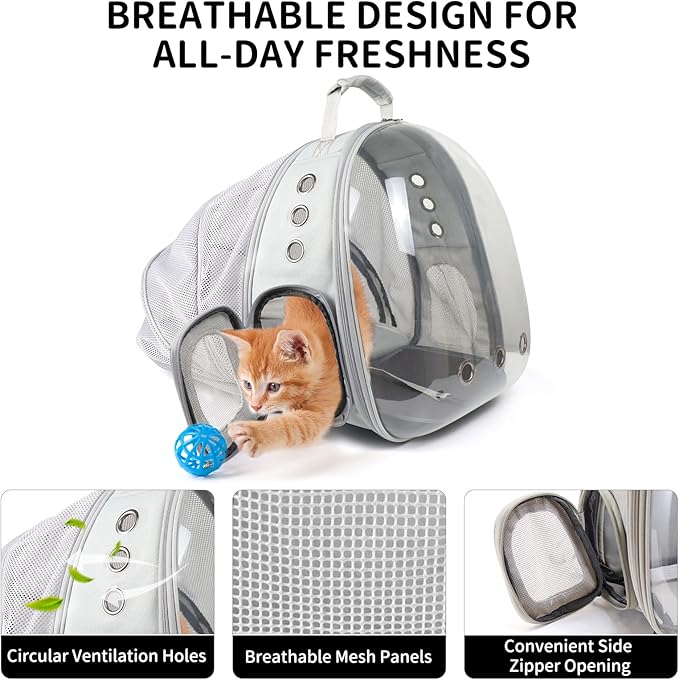 Cat Backpack Carrier, Back Expandable Pet Backpack with Bubble Window, Airline Approved Pet Travel Bag for Small/Medium Cats & Puppies, Hiking, Camping, Outdoor Use (Grey)