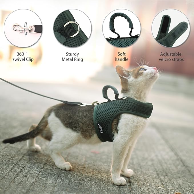Kitty Harness and Leash for Walking Escape Proof Breathable Mesh Fabric, Solid Green, X-Small, Adjustable Cat Walking Jackets with Handle, Padded Stylish Cat Vest
