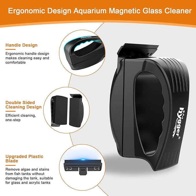 hygger Aquarium Strong Magnetic Glass Cleaner, Professional Fish Tank Algae Magnet Cleaning Tool with Scraper for 0.1-0.2 Inch Thick Glass Freshwater and Saltwater Tank, S