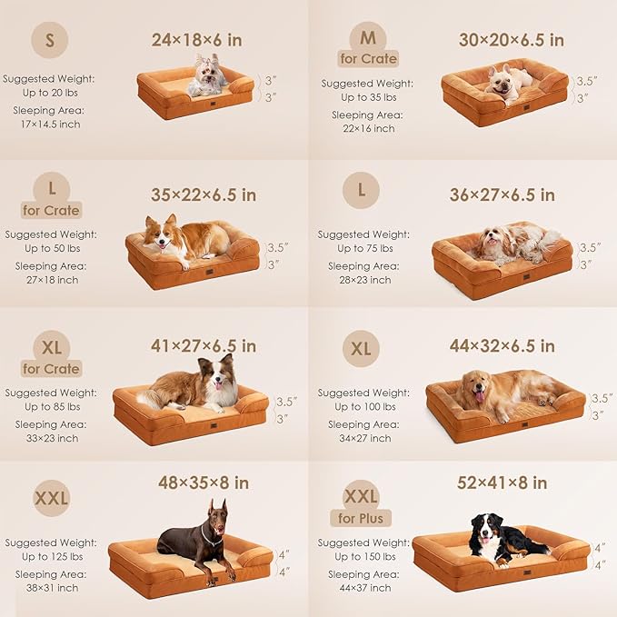 EHEYCIGA Orthopedic Dog Beds for Large Dogs, Waterproof Memory Foam Large Pet Bed with Sides, Non-Slip Bottom and Egg-Crate Foam Dog Couch Bed with Washable Removable Cover,Pumpkin Orange