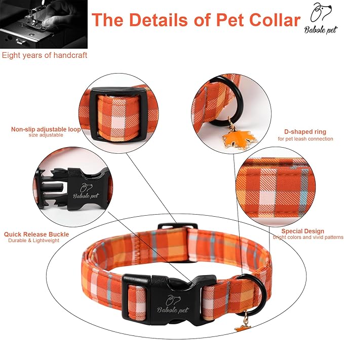 Fall Dog Collar Cute Orange Plaid Puppy Collar - Light Comfortable Adjustable Pet Collars for Small Medium Large Girl Boy Dogs XL