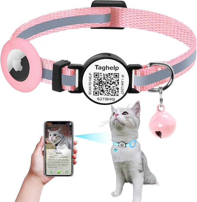 Reflective AirTag Cat Collar, TAGHELP Integrated Air Tag Cat Collar for Apple with AirTag Holder and Bell, Tracker Cat Collars for Girl Boy Cats, Kittens and Puppies (Pink)