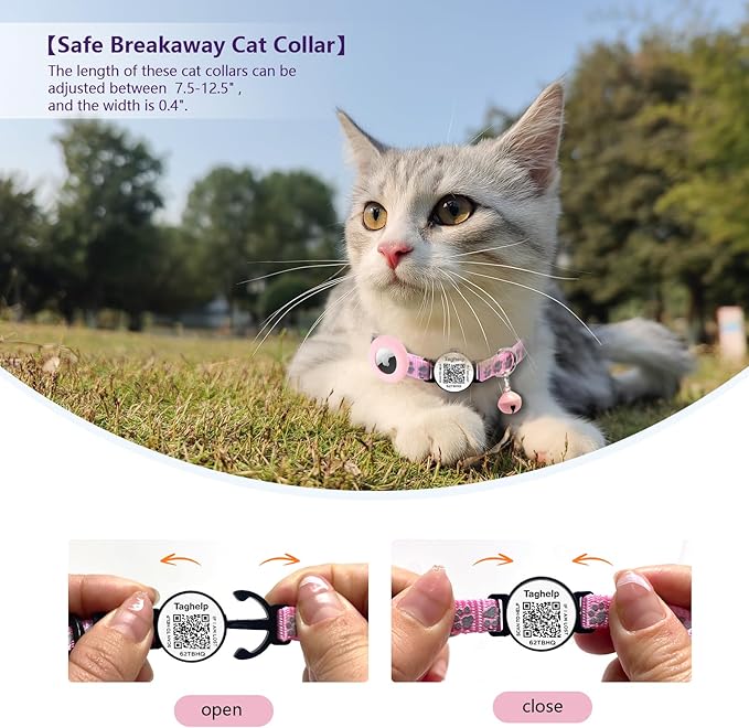 QR Code AirTag Cat Collar Breakaway Reflective with Bell - Digital Pet ID Tag for Lost Cat Recovery, Black Paw Print Design