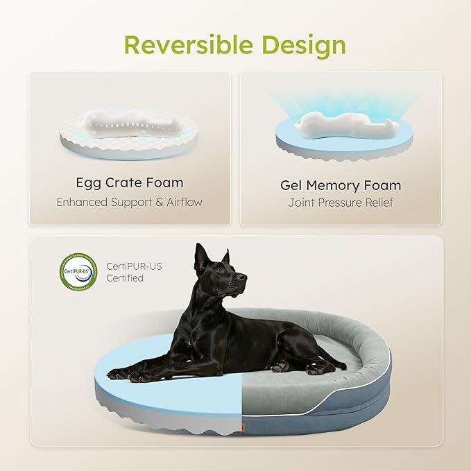 XXL Orthopedic Dog Bed, 53 in. Dog Bed for Large Sized Dogs with Full-Surround Bolsters, Dual-Sided Dog Cooling Beds with Memory Foam, Washable Pet Sofa Couch with Nonslip Bottom, Dark Grey