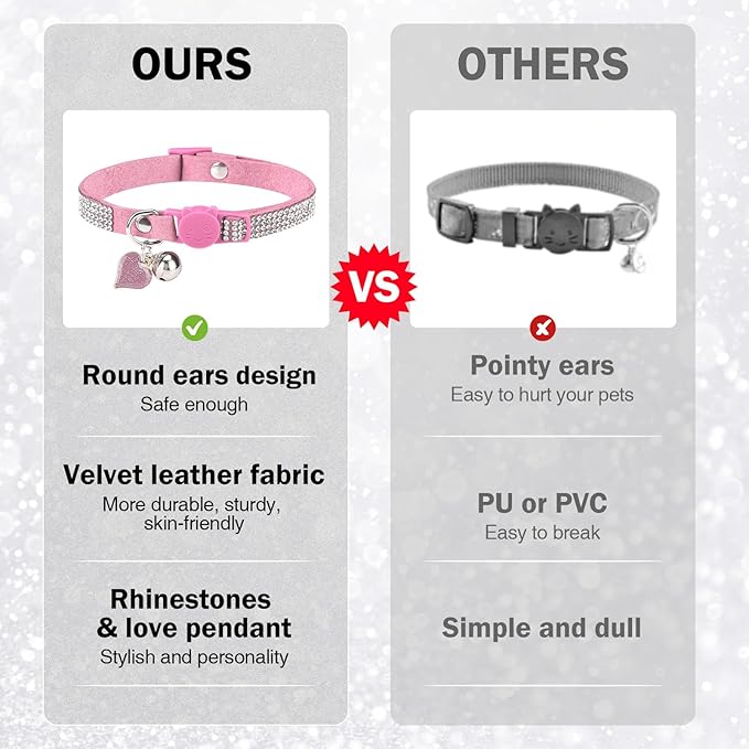 Rhinestone Cat Collar Breakaway with Bell, Diamond Cat Collar with Safety Buckle Quick Release for Girl Boy Small Kitten Pets Puppy,Cute Soft Female Male Cat Collars, Color Pink 7-9"