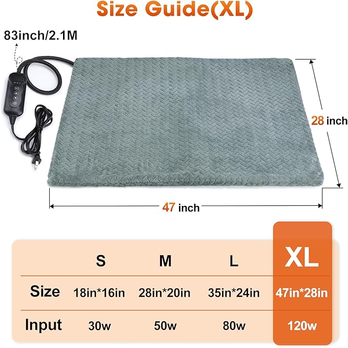GASUR Extra Large Heated Cat Bed for Large Dogs, Waterproof Cat Heating Pad with Timer Temperature Adjustable, Indoor Electric Pet Heated Pad for Cats Dogs, Anti-bite Dog Heated Pad, 47''x28'', XLarge