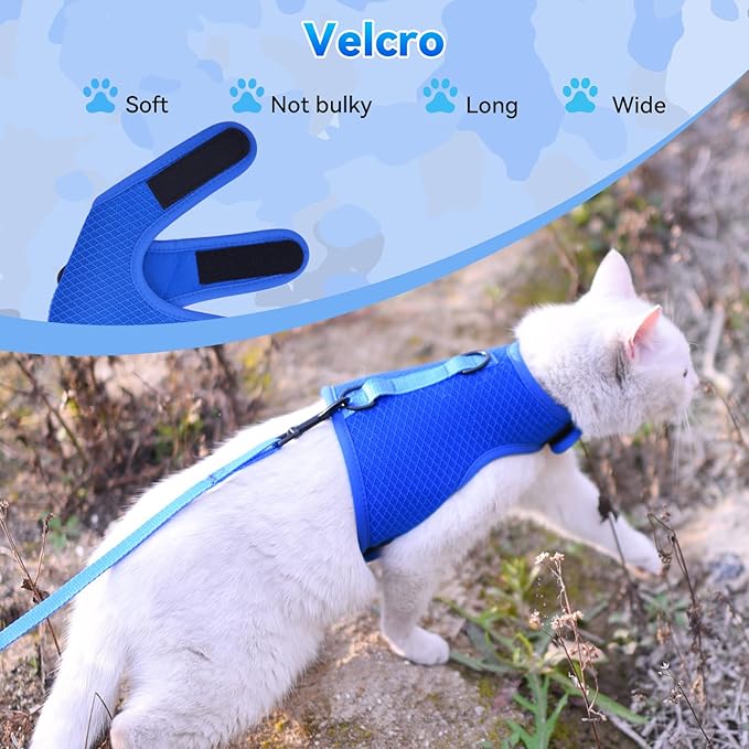 Cat Harness and Leash for Walking Escape Proof Breathable Mesh Fabric, Solid Blue, Medium, Adjustable Cat Walking Jackets, Padded Stylish Cat Vest