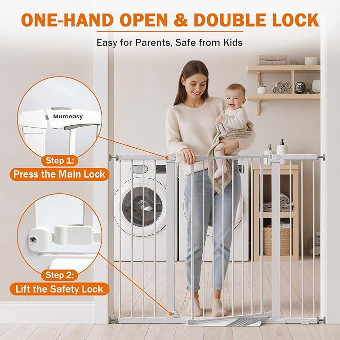 Mumeasy 36" Extra Tall Baby Gate for Stairs, 29.7-51" Wide Dog Gates Indoor for Doorways with Easy Walk Thru, Auto Close Pet Safety Gate for House, Pressure Mounted Metal Child Gate with Door, White
