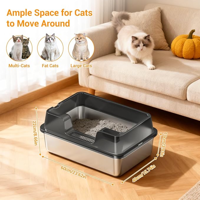 Stainless Steel Litter Box, XL Enclosed Cat Litter Boxes with Lid for Big Cats and Multi-Cats, High Sided, Anti-Urine Leakage Non-Stick Bottom Include Scoop Easy to Clean