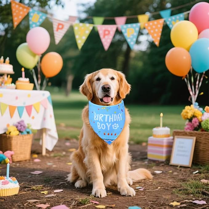 Dog Birthday Bandana Boy for Small Dogs, Reversible 2 Patterns in 1, Blue Confetti Scarf, Happy Birthday Party Outfit Puppy Gift (9-14" Neck)