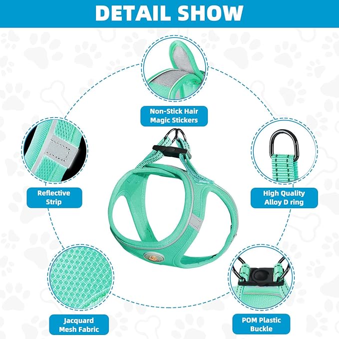 Hipubby Dog Harness and Leash Set, No Pull Soft Mesh Puppy Harness for Small Medium Dogs, Cats - Step in Reflective Breathable Lightweight Vest Harness for Walking, Training - Green, L