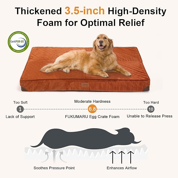 FUKUMARU Dog Bed, Thickened Corduroy Orthopedic Dog Beds with Washable Cover, Large Waterproof Dogs Bed for Crate, 28D Egg Crate Foam Support Pet Mat, Cozy Pet Bed Pad with Anti-Slip Bottom, Orange