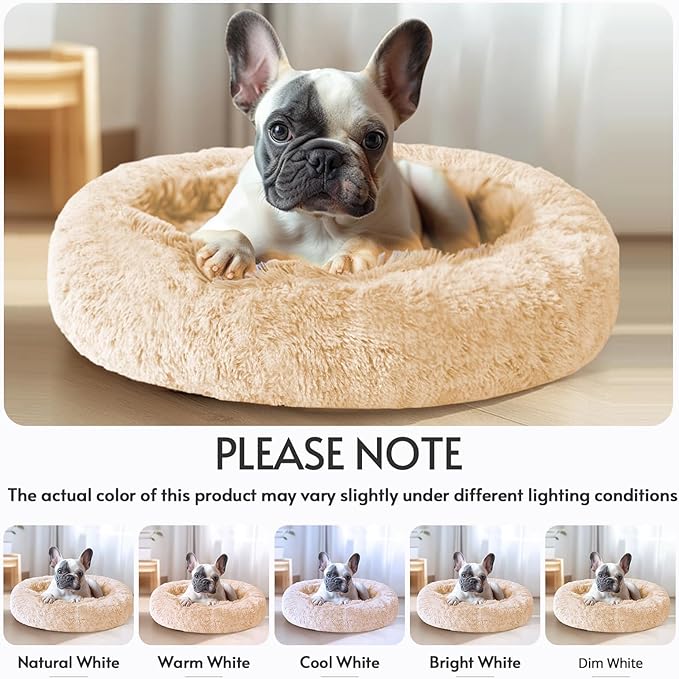 JOLLYVOGUE Calming Dog Bed Medium Size Dog, Anti-Anxiety Donut Medium Pet Bed, 27 inches Fluffy Faux Fur Round Cat Bed (Off White)