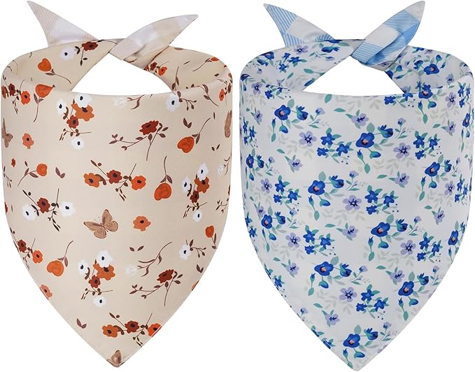 Spring Dog Bandanas Large 2PCS, 4 Pattern Summer Floral Scarf for Boy and Girl, Triangle Reversible Bibs Breed for Puppy Pets