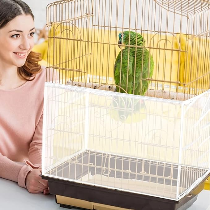 Daoeny Large Bird Cage Cover, Bird Cage Seed Catcher, Adjustable Soft Airy Nylon Mesh Net, Birdcage Cover Skirt Seed Guard for Parrot Parakeet Macaw African Round Square Cages (White)