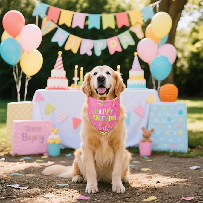 Dog Birthday Bandana Girl for Small Dogs, Reversible 2 Patterns in 1, Pink Confetti Scarf, Happy Birthday Party Outfit Puppy Gift (9-14" Neck)