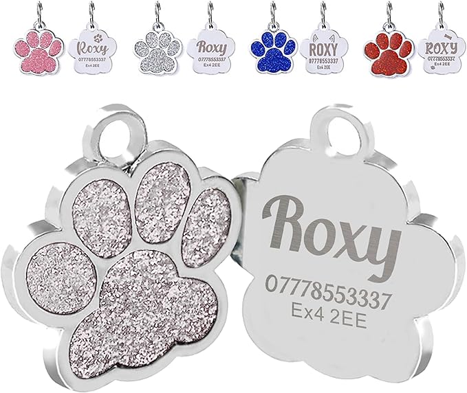 EDSG Cat Dog Tags Personalized for Pets, Dog Name Tags Cat Name ID Tag, Engraved Dog Tags Dog ID Tags Small Glitter Bling ID Tag Paw Print for Cat Pet Dog Puppy(Silver,Design 1)
