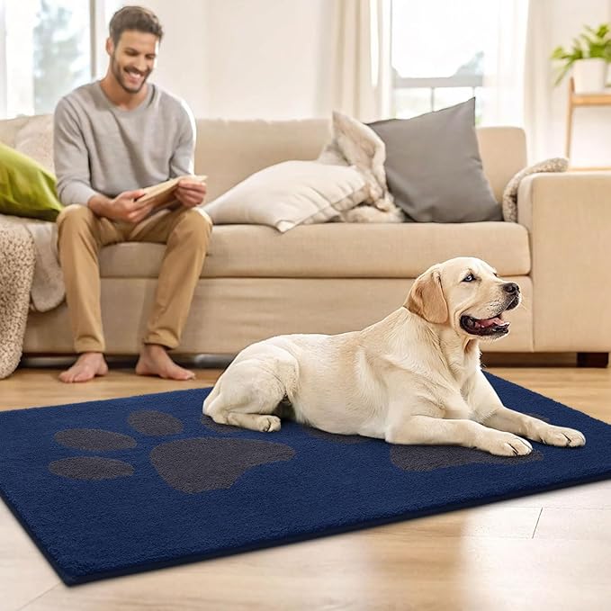 Buganda Dog Door Mat for Muddy Paws, Absorbent Dirt Trapper Washable Indoor Doormats, Non Slip Low-Profile Mud Mat for Dogs, Front Entrance Doormat for Inside Floor (48x30 Inches, Navy)