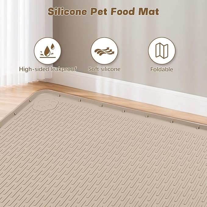 Cat Food Mat, 34" x 22" Large Silicone Pet Feeding Mat for Food and Water Bowls Non-Slip, Easy to Clean (Khaki)