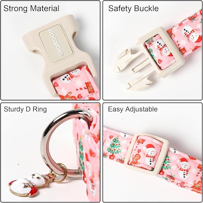 DOGWONG Christmas Dog Collar- Cute Pink Snowman Dog Collars, Adjustable Christmas Pet Collars Puppy Collar with Quick Release Buckle for Girl&Boy Dogs