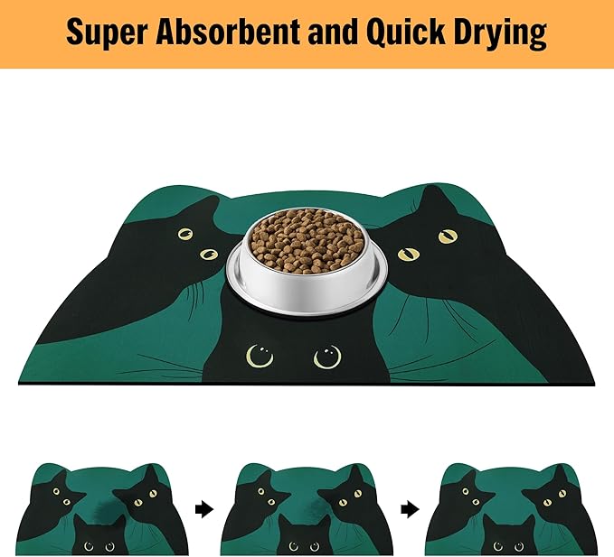 Cat Food Mat - Pet Feeding Mat for Floor, Non-Slip, Waterproof, Super Absorbent, Easy to Clean, Blue, Cat, Dog 18.1''x9.8''
