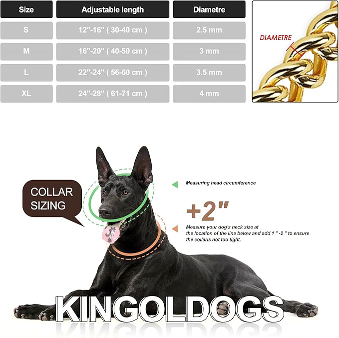 Stainless Steel 18K Gold Dog Collar - Adjustable, Chew Proof Cuban Link Chain Collar for Large, Small, Medium Dogs (XL 26" -28")