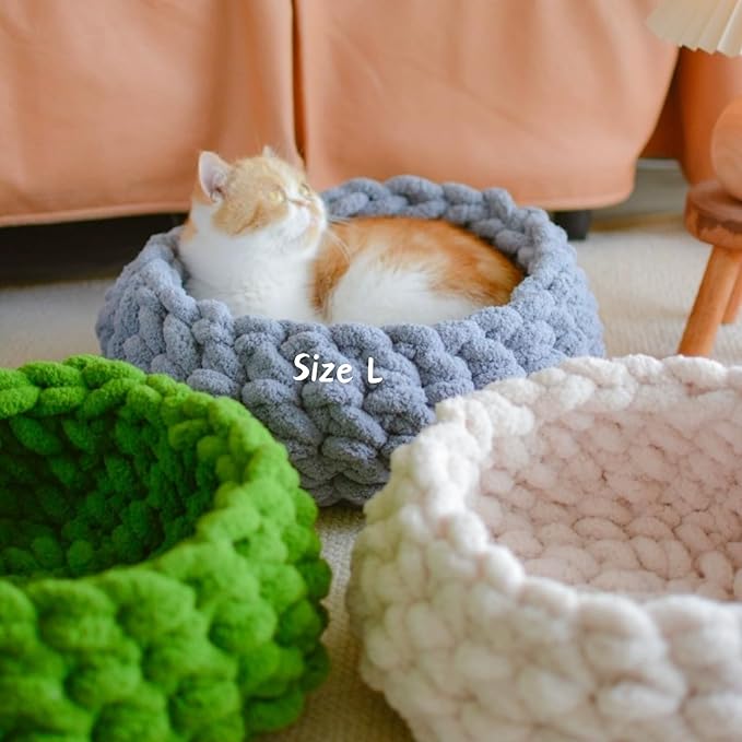Cat Nest Bed - Premium Self Warming Handwoven Washable Extra Soft Round Cave House for Indoor Kitten & Kitty, Small & Large (MapleLeaf Red,Large)