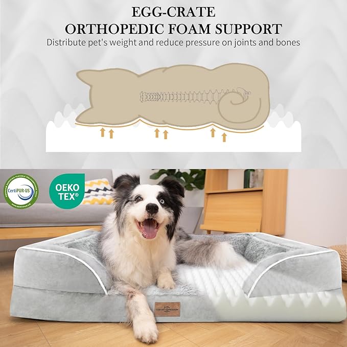 Comfort Expression Orthopedic Dog Bed for Large Dogs 36x27 Inch, Waterproof Egg Crate Foam Large Pet Bed with Removable Bolsters, Dog Couch with Washable Cover & Non-Slip Bottom, Grey White