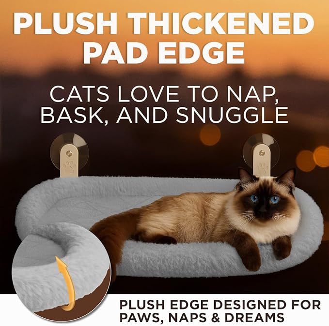 Cat Window Perch – Strong 6 Suction Cup Foldable Cat Hammock Bed for Large Cats and Kittens That Holds up to 50 lbs with Washable Reversible Cover, Sturdy Metal Frame for Window (Gray)