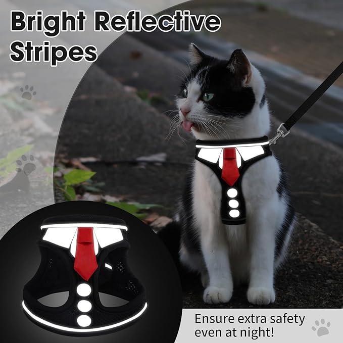 Cat Harness and Leash Set for Walking Escape Proof, Soft Adjustable Kitten Harness Breathable Mesh with Reflective Strips Harness for Kitty Puppy Bunny (Black, Medium)