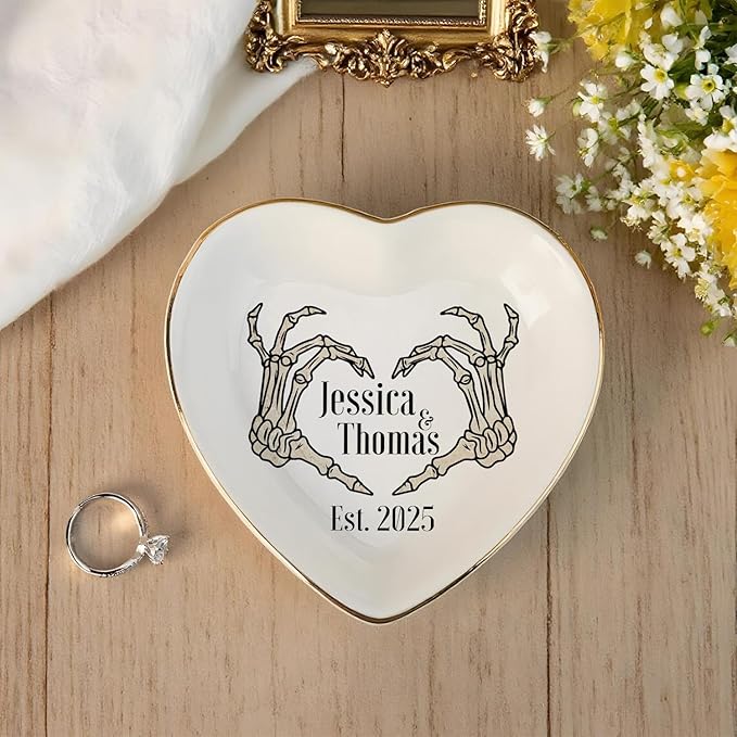 Custom Skeleton Hand Ring Dish Engagement Gift, Funny Engaged Ring Holder, Jewelry Tray Gifts for Newly Engaged Couple, Anniversary Halloween Wedding Party Gift for Bride Wife