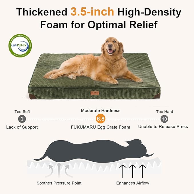 FUKUMARU Dog Bed, Thickened Corduroy Orthopedic Dog Beds with Washable Cover, Large Waterproof Dogs Bed for Crate, 28D Egg Crate Foam Support Pet Mat, Cozy Pet Bed Pad with Anti-Slip Bottom, Green