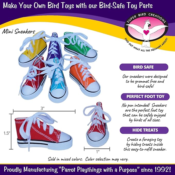 Super Bird Creations SB50009 Sneaker Bird Toy - Durable Safe Chew Toy - Ideal for Cockatiels Parakeets Parrots Small to Large Birds, Encourages Foot Dexterity - Vibrant Colors 3"x1-1/2x1-3/8" (6 Pack)