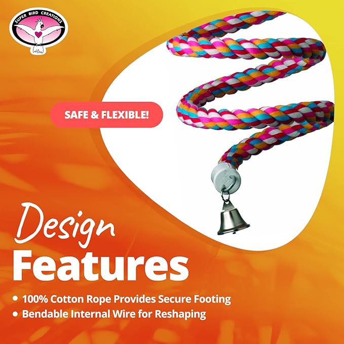 Super Bird Creations SB325 Large Bungee Bird Toy - Rope Perch for African Greys, Parrots, Small Cockatoos, Amazons - Colorful Hanging Perch - Enriching Bungee Toy for Large Birds & in Bird Cages