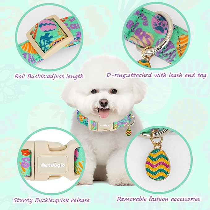 Easter Dog Collar for Extra Small Dogs, Adjustable Green Small Dog Collar with Colorful Eggs Pattern, Cute Easter Dog Collars Girl Boy Collar for Dogs -XS