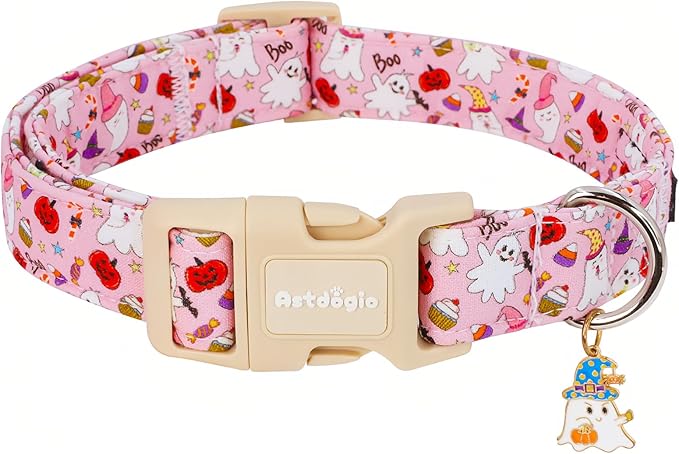 Halloween Dog Collar, Fall Dog Collars for Medium Dogs, Cute Pink Puppy Collar with Adorable Ghost & Pumpkin Design, Soft Cotton Medium Dog Collars Girl Boy Dog Collar-M