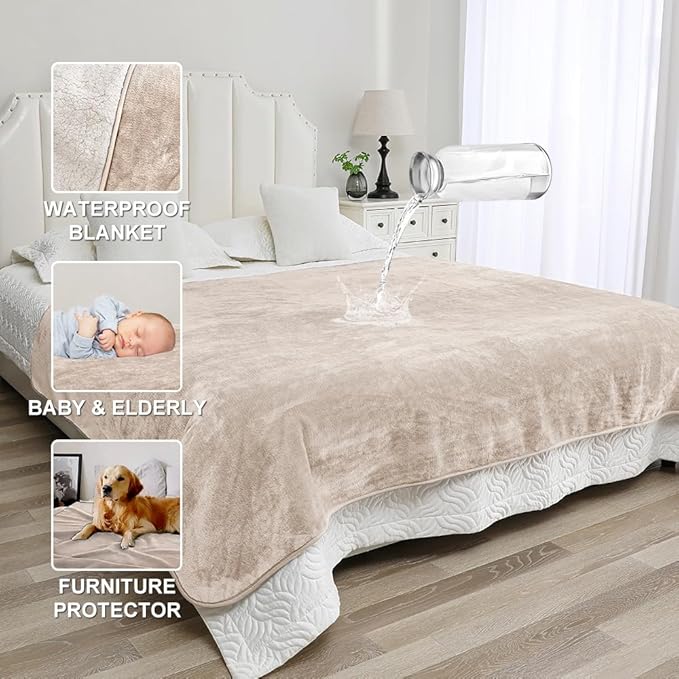 Waterproof Bed Blanket - Reversible Sherpa Throw with Leak-Resistant TPU Layer - 80x60 Stain Resistant, Machine Washable Bed Protector for Couch, Bed & Pets