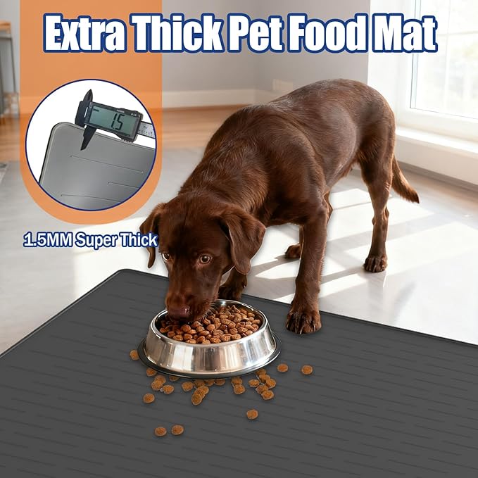 40"x30" XXL Silicone Dog Feeding Mat, 1.5MM Extra Thick Dog Bowl Mat for Food and Water, Large Non-Slip Placemat with High Edges for Dogs Bowls, Easy to Clean, Light Gray