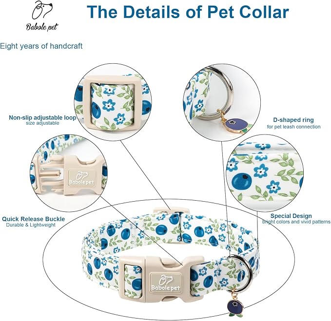 Spring/Summer Dog Collar for Large Dogs - Fresh Blueberry Girl Boy Dog Collars, Soft Lightweight Puppy Collar, Breathable Adjustable Male Female Fruit Floral Dogs Collars L