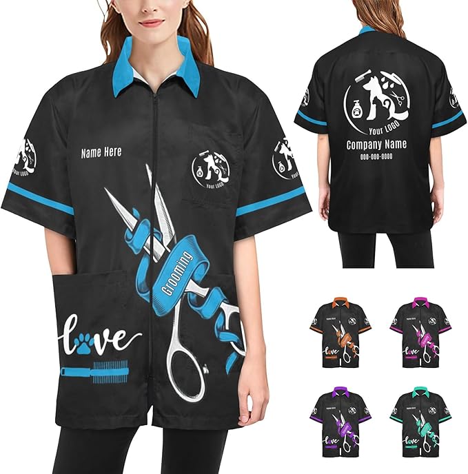 Custom Pet Grooming Jackets with Logo Text, Personalized Dog Salons Groomer Smocks, Unisex Waterproof Workwear