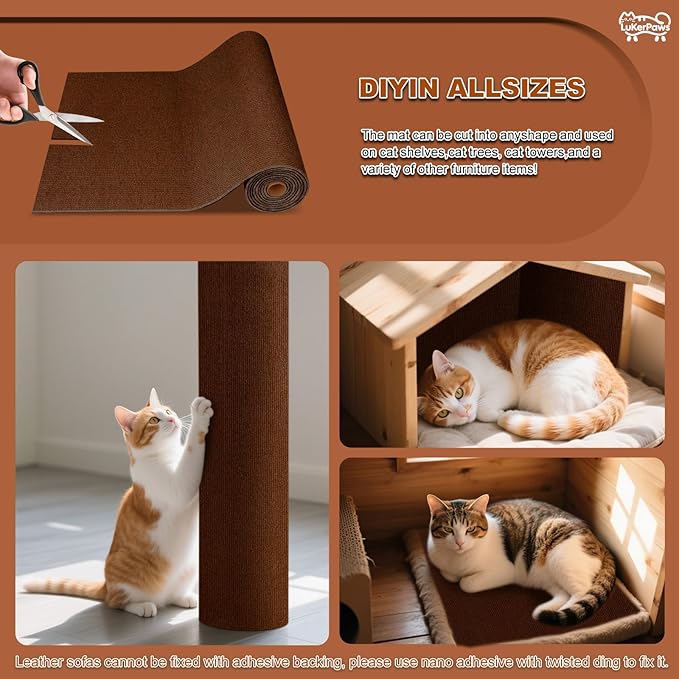 Cat Scratch Mat, Self-Adhesive Trimmable cat Scratch Furniture Protector for Couch, cat Scratch pad，cat Tree，DIY Climbing Carpet for Cat Tower Replacement Pads (Brown, 78.7" x 15.8")