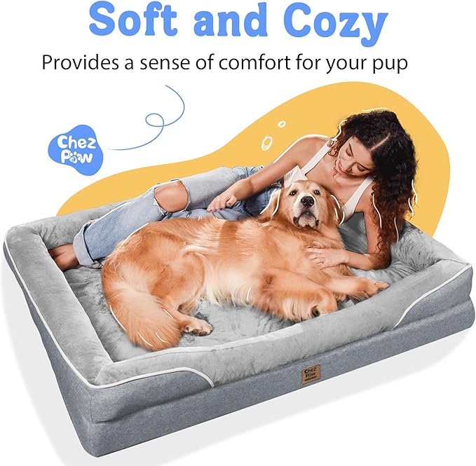 Orthopedic Washable Large Dog Bed - Egg Foam Dog Beds for Large and Medium Dogs Big Pet Beds with Removable Washable Cover and Bolster for Extra Large Dogs