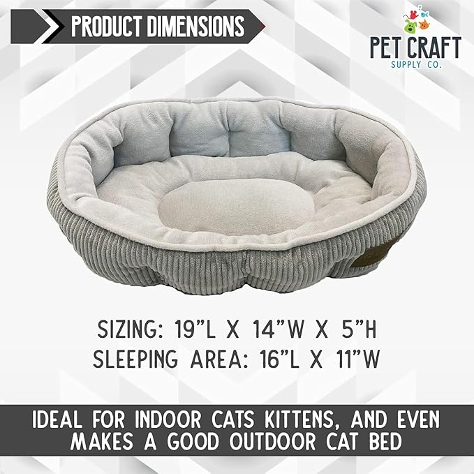 Pet Craft Supply Cat Bed for Indoor Cats - Kitten Bed - Machine Washable - Ultra Soft - Self Warming - Refillable Catnip Pouch,Grey,19x14x5 Inch (Pack of 1)