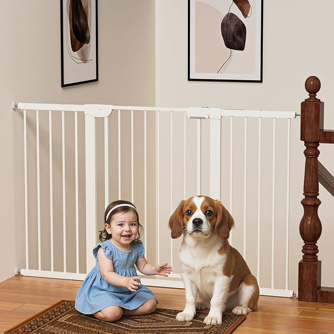29.5-59.8" Magnetic Baby Gate for Stairs, Baby Safety Essentials, Auto Close Gate for Doorways, Easy Install Pressure Mounted Dog Gate Indoor, Pet Gates for Dogs, White